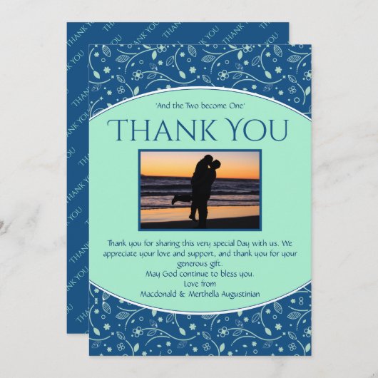 ネオミントクラシックーブルーカスタムフォトモダンフローラ サンキューカード (正面/裏面)