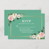 ネオミントピンクホワイトフローラ金ゴールド結婚式RSVP 出欠カード (正面/裏面)
