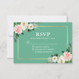 ネオミントピンクホワイトフローラ金ゴールド結婚式RSVP 出欠カード