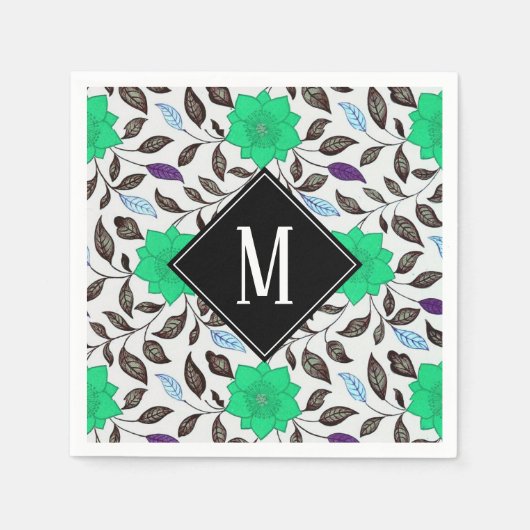 ネオミントヴィンテージフローラポピーパターンモノグラム スタンダードカクテルナプキン (正面)