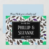 ネオミント vintage フラワーパターン Save the Date 招待状 (正面/裏面)