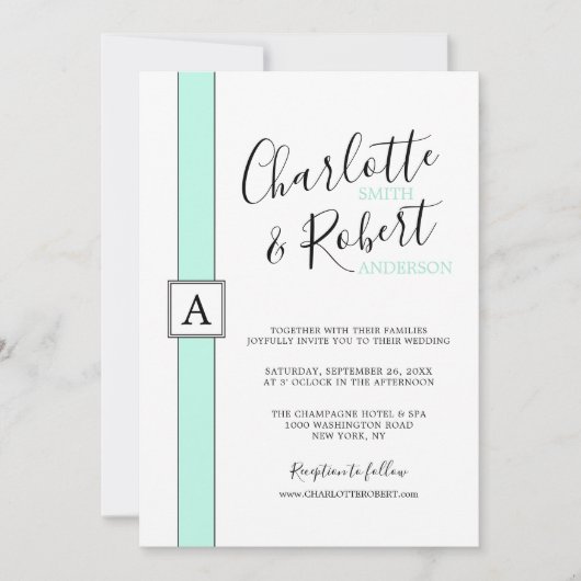 ネオモダンミントグリーンモノグラム結婚ズ 招待状 (正面)