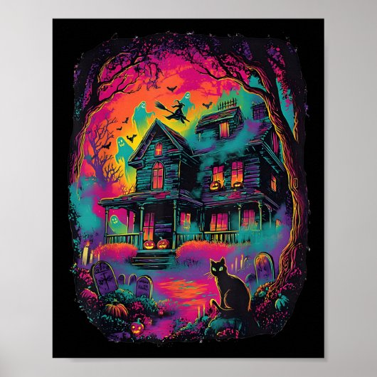 ネオンおもしろいス幽霊ブラックキャットウィッチハロウィーン ポスター (正面)
