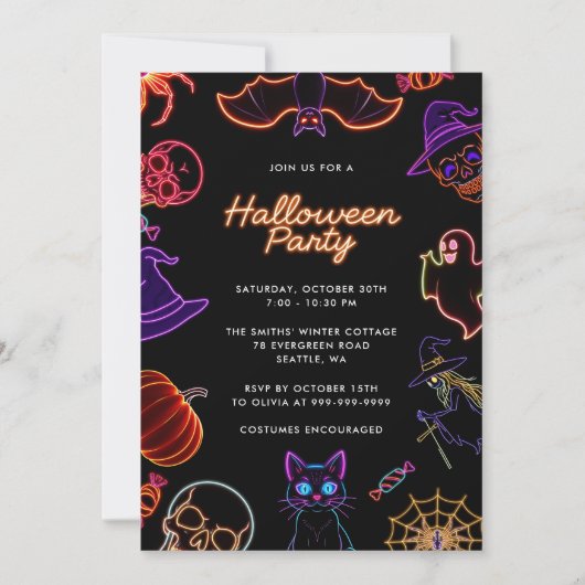 ネオンかわいいグローin暗いハローウィンパーティ 招待状 (正面)