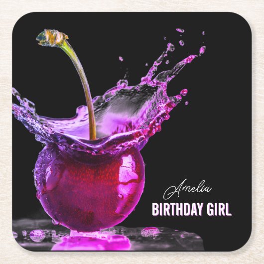 ネオンさくらんぼ パーソナライズされた スクエアペーパーコースター (正面)