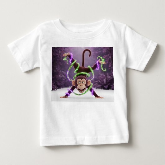 ネオンで光る遊び心あふれる3Dアニメーションモンキーの逆立ち ベビーTシャツ (正面)