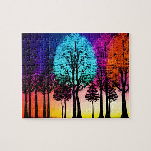 ネオンと夕日葉の入った黒い木 ジグソーパズル (横)