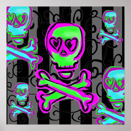 ネオンと黒と灰色の渦巻きスカル ポスター (正面)