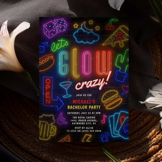 ネオンのカジノでバチェラー・パーティー Let's GLOW Crazy 招待状