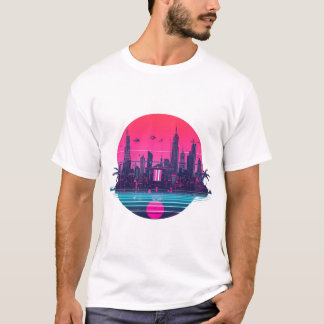 ネオンのサイバーパンクシティー - 未来の夜のイラスト Tシャツ