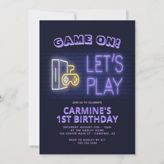 ネオンのテレビゲームの誕生日 招待状 (正面)