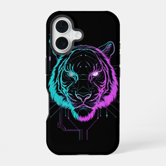 ネオンのデジタルトラの芸術 iPhone 16ケース (裏面)