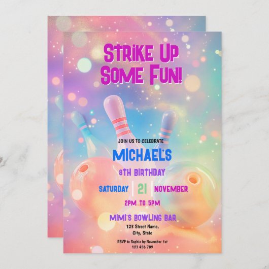 ネオンのホログラフィックボーリングが一部のおもしろいパーティーを破壊 招待状 (正面/裏面)