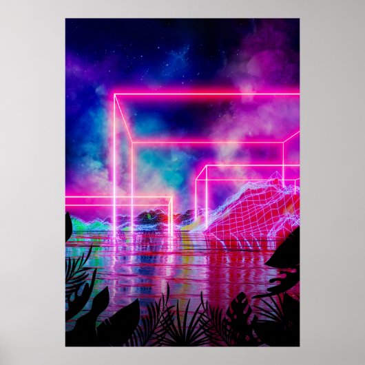 ネオンのヤシの風景：キューブ ポスター (正面)