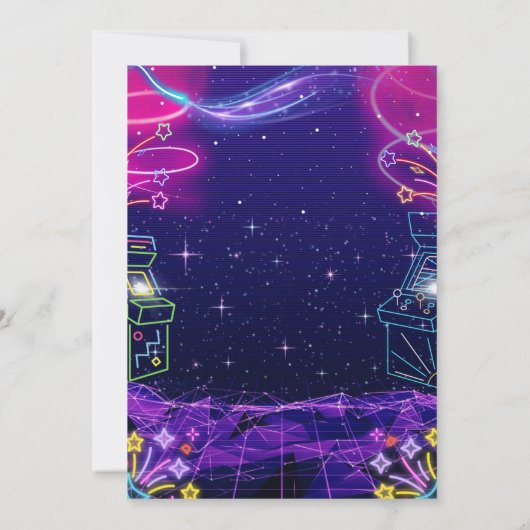 ネオンのレトロなビデオアーケードゲーム誕生日パーティー 招待状 (裏面)