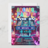 ネオンのレトロなビデオアーケードゲーム誕生日パーティー 招待状 (正面)