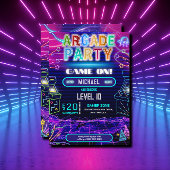 ネオンのレトロなビデオアーケードゲーム誕生日パーティー 招待状