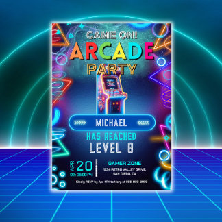ネオンのレトロなビデオアーケードゲーム誕生日パーティー 招待状