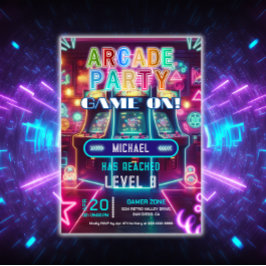 ネオンのレトロなビデオアーケードゲーム誕生日パーティー 招待状