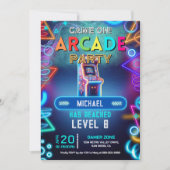 ネオンのレトロなビデオアーケードゲーム誕生日パーティー 招待状 (正面)