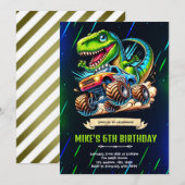 ネオンの光る恐竜の誕生日パーティーの招待状 招待状 (正面/裏面)