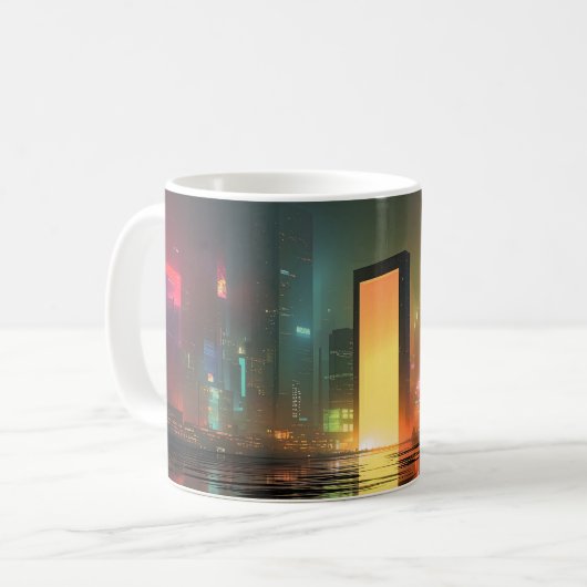 ネオンの反射する未来的な都市景観 コーヒーマグカップ (正面左)