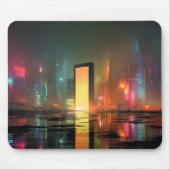 ネオンの反射する未来的な都市景観 マウスパッド (正面)