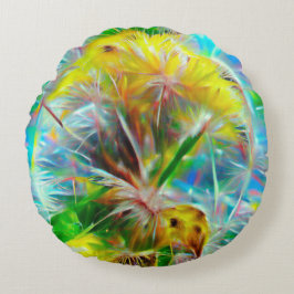 ネオンの夢の風景の中のEthereal Dandelion ラウンドクッション