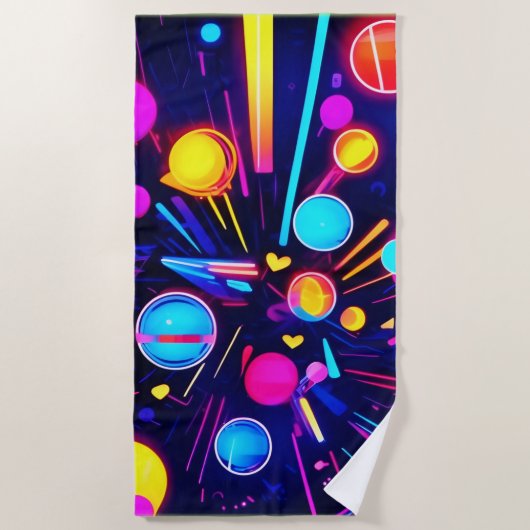 ネオンの夢 – サイケデリック図形と色 ビーチタオル (正面)