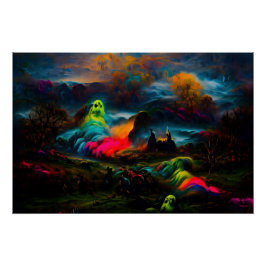 ネオンの幽霊が漂う幻想的なホラー風景 ポスター
