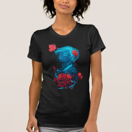 ネオンの幽霊と赤いバラのTシャツ Tシャツ