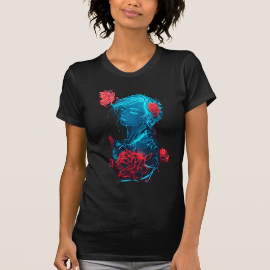 ネオンの幽霊と赤いバラのTシャツ Tシャツ (正面)