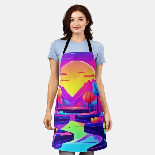 ネオンの日没の風景 エプロン (着用した状態)