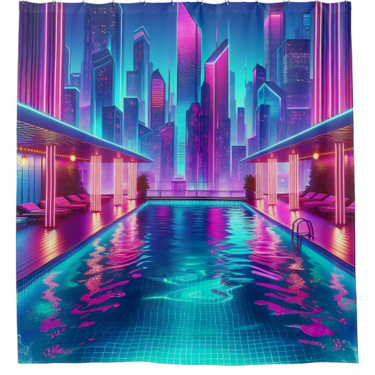 「ネオンの未来的な街並みプール」 シャワーカーテン (正面)