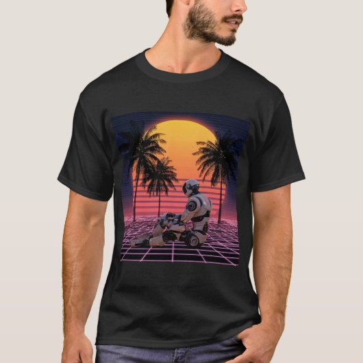 ネオンの楽園で休息するロボット Tシャツ (正面)