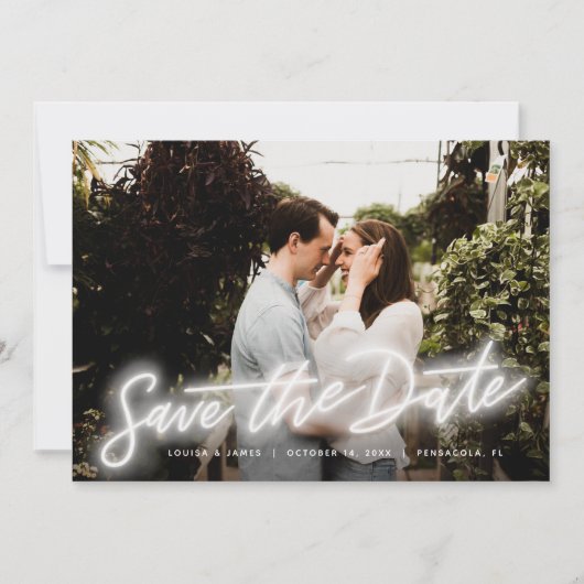 ネオンの横型写真が日付を保存 招待状 (正面)