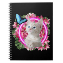 ネオンの熱帯に青い蝶を乗せたかわいい子猫