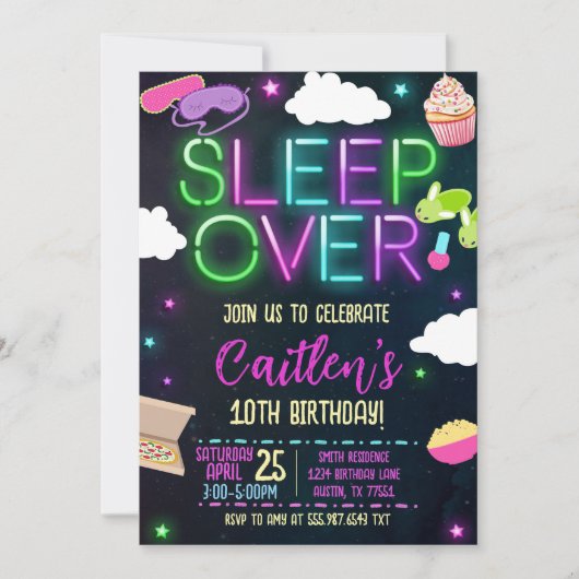 ネオンの眠いパーティーの誕生日お泊まり会 招待状 (正面)