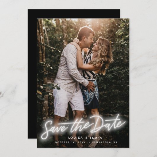 ネオンの縦型写真が日付を保存 招待状 (正面/裏面)