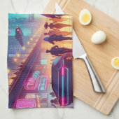 ネオンの街並み キッチンタオル (四つ折り)