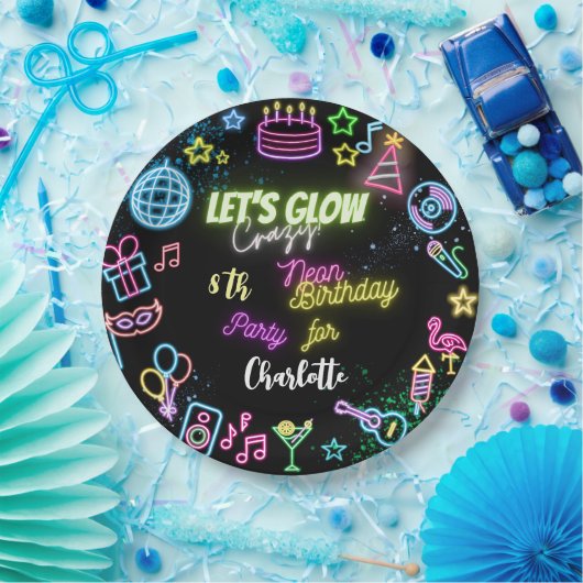 ネオンの誕生日熱狂するを輝かせよう ペーパープレート (パーティー)