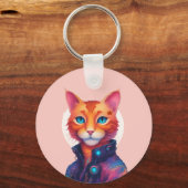 「ネオンの足：ジンジャーで青い目のサイバーパンク猫」 キーホルダー (正面)