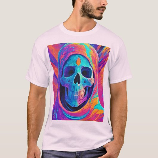 ネオンの輝くスカルアート Tシャツ (正面)