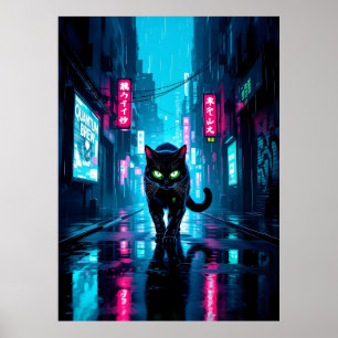 ネオンの雨の都市のサイバーパンク黒猫 ポスター