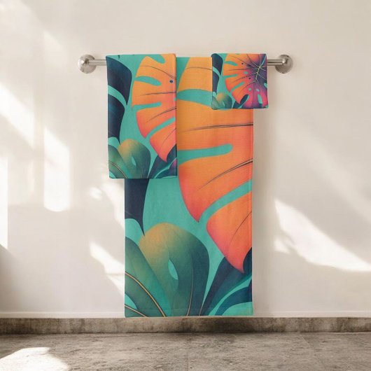 ネオンはっきりしたモンステ鮮やかラ熱帯葉パターン バスタオルセット