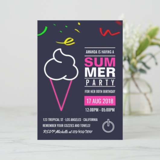 ネオンアイスクリームサマーバースデーパーティーの招待状 招待状 (スタンド正面)