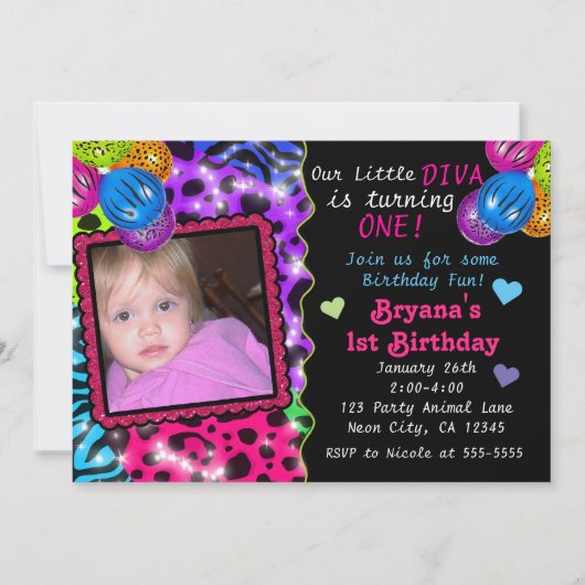 ネオンアニマルプリントチータヒョウ写真招待状 招待状 (正面)