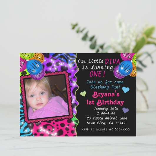 ネオンアニマルプリントチータヒョウ写真招待状 招待状 (スタンド正面)