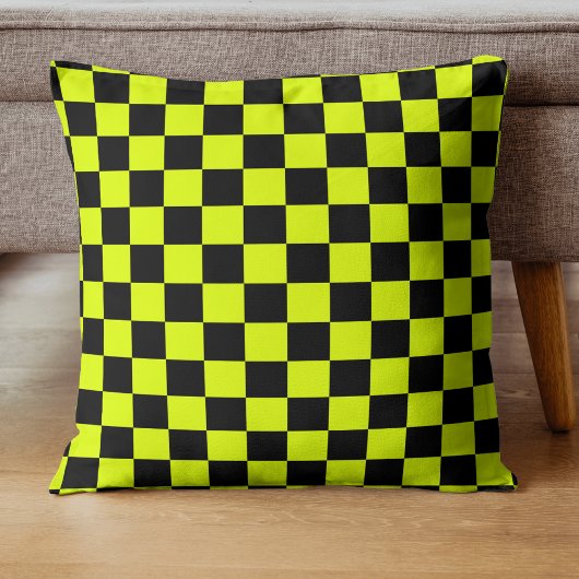 ネオンイエローブラックチェッ市松模様にカーボードヴィンテージ クッション