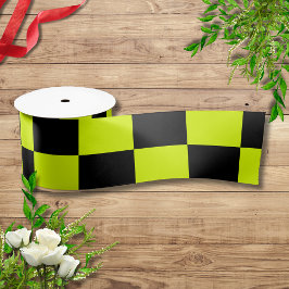 ネオンイエローブラックチェッ市松模様にカーボードヴィンテージ サテンリボン